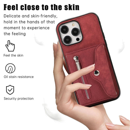 For iPhone 13 Zipper RFID Card Slot Phone Case with Short Lanyard(Red) - iPhone 13 Cases by buy2fix | Online Shopping UK | buy2fix