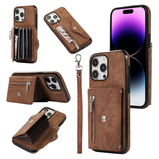 For iPhone 13 Pro Zipper RFID Card Slot Phone Case with Short Lanyard(Brown) - iPhone 13 Pro Cases by buy2fix | Online Shopping UK | buy2fix
