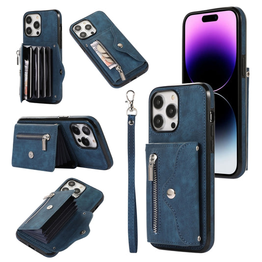 For iPhone 13 Pro Max Zipper RFID Card Slot Phone Case with Short Lanyard(Blue) - iPhone 13 Pro Max Cases by buy2fix | Online Shopping UK | buy2fix