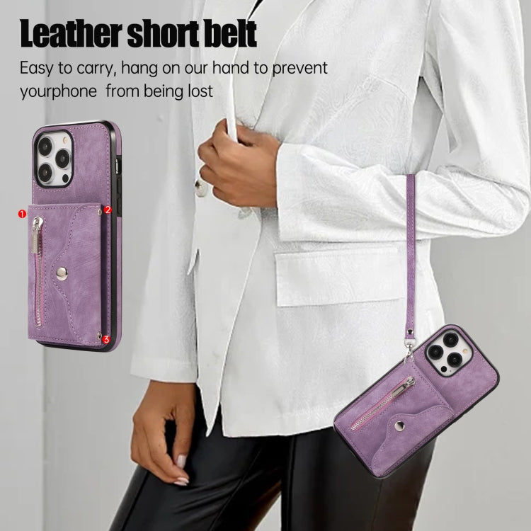 For iPhone 12 mini Zipper RFID Card Slot Phone Case with Short Lanyard(Purple) - iPhone 12 mini Cases by buy2fix | Online Shopping UK | buy2fix