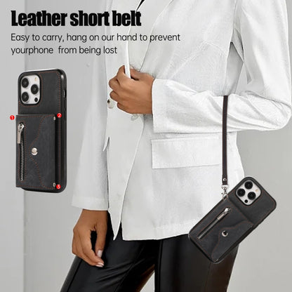 For iPhone 12 / 12 Pro Zipper RFID Card Slot Phone Case with Short Lanyard(Black) - iPhone 12 / 12 Pro Cases by buy2fix | Online Shopping UK | buy2fix