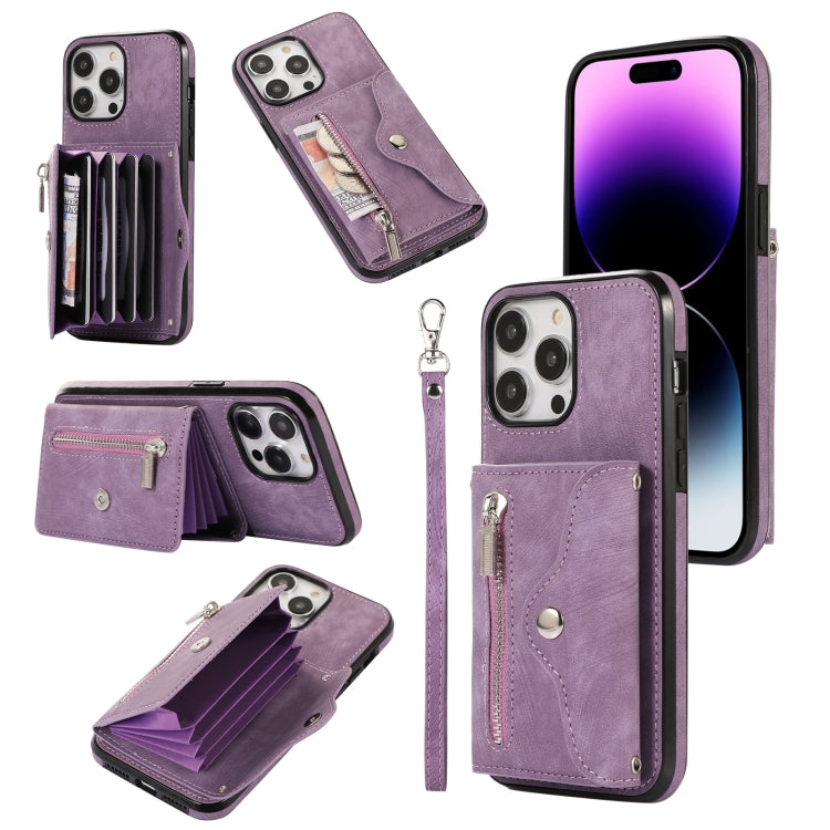 For iPhone 12 / 12 Pro Zipper RFID Card Slot Phone Case with Short Lanyard(Purple) - iPhone 12 / 12 Pro Cases by buy2fix | Online Shopping UK | buy2fix