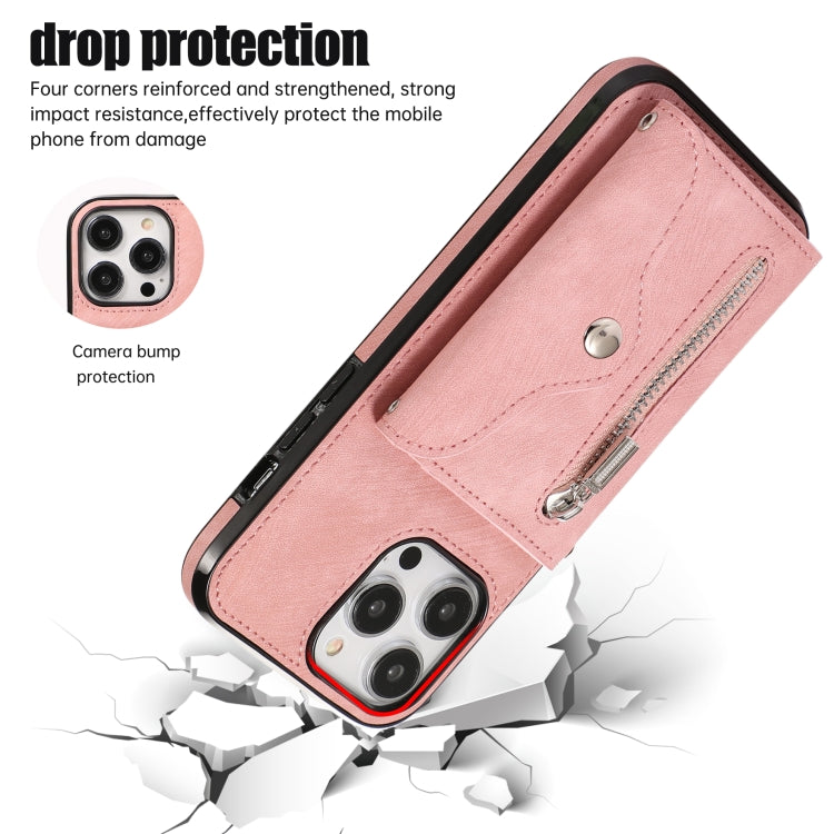For iPhone 12 Pro Max Zipper RFID Card Slot Phone Case with Short Lanyard(Rose Gold) - iPhone 12 Pro Max Cases by buy2fix | Online Shopping UK | buy2fix