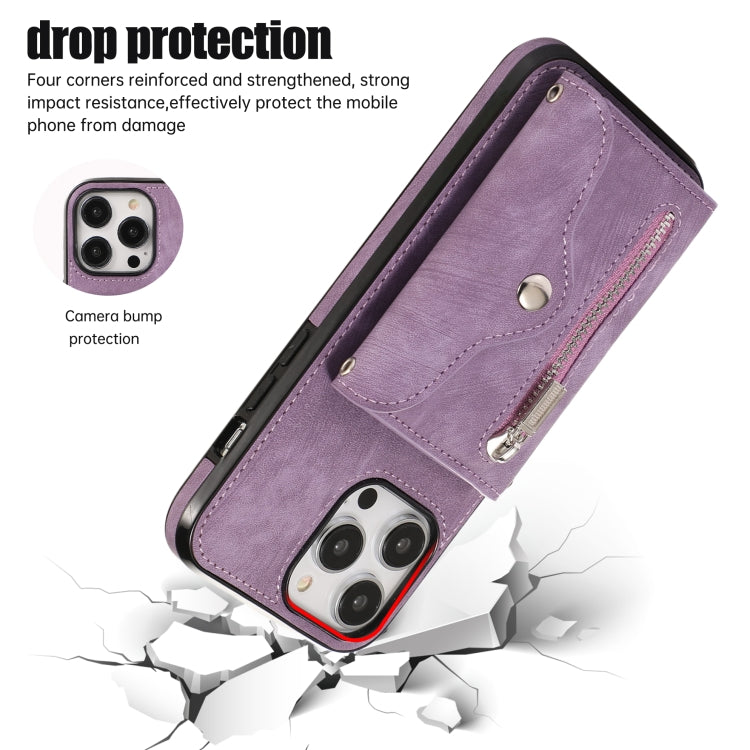 For iPhone 12 Pro Max Zipper RFID Card Slot Phone Case with Short Lanyard(Purple) - iPhone 12 Pro Max Cases by buy2fix | Online Shopping UK | buy2fix