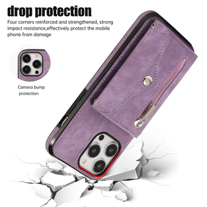 For iPhone 12 Pro Max Zipper RFID Card Slot Phone Case with Short Lanyard(Purple) - iPhone 12 Pro Max Cases by buy2fix | Online Shopping UK | buy2fix