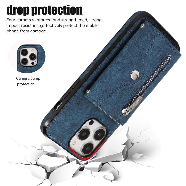 For iPhone 11 Zipper RFID Card Slot Phone Case with Short Lanyard(Blue) - iPhone 11 Cases by buy2fix | Online Shopping UK | buy2fix