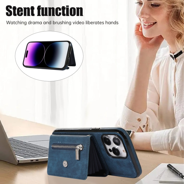 For iPhone 11 Pro Max Zipper RFID Card Slot Phone Case with Short Lanyard(Blue) - iPhone 11 Pro Max Cases by buy2fix | Online Shopping UK | buy2fix