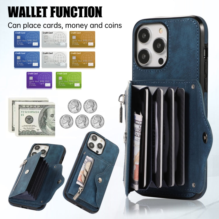 For iPhone 11 Pro Max Zipper RFID Card Slot Phone Case with Short Lanyard(Blue) - iPhone 11 Pro Max Cases by buy2fix | Online Shopping UK | buy2fix