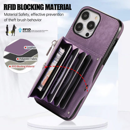 For iPhone 11 Pro Max Zipper RFID Card Slot Phone Case with Short Lanyard(Purple) - iPhone 11 Pro Max Cases by buy2fix | Online Shopping UK | buy2fix