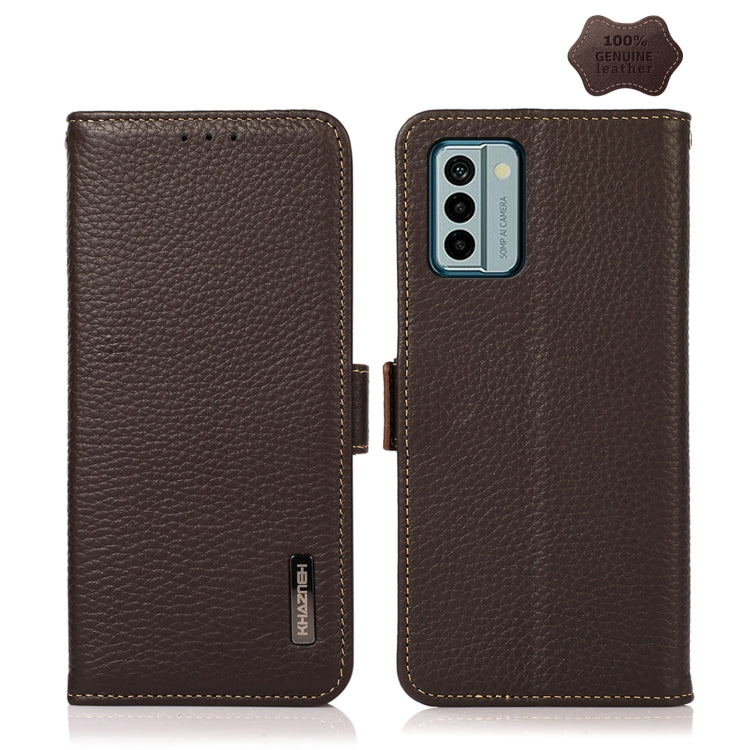 For Nokia G22 4G KHAZNEH Side-Magnetic Litchi Genuine Leather RFID Phone Case(Brown) - Nokia Cases by buy2fix | Online Shopping UK | buy2fix