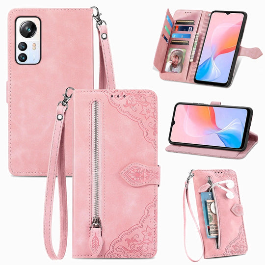 For Blackview A85 Embossed Flower Zipper Leather Phone Case(Pink)