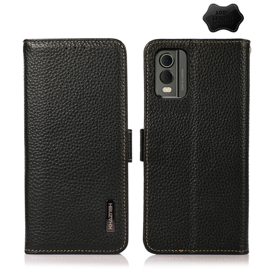For Nokia C32 KHAZNEH Side-Magnetic Litchi Genuine Leather RFID Phone Case(Black) - Nokia Cases by buy2fix | Online Shopping UK | buy2fix