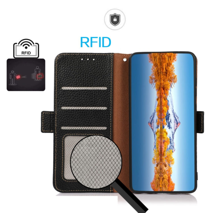 For Nokia C32 KHAZNEH Side-Magnetic Litchi Genuine Leather RFID Phone Case(Black) - Nokia Cases by buy2fix | Online Shopping UK | buy2fix