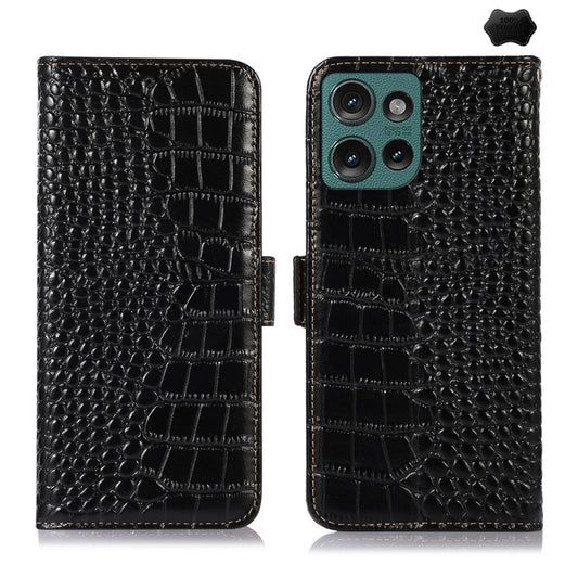 For Motorola Edge 50 Global Crocodile Top Layer Cowhide Leather Phone Case(Black) - Motorola Cases by buy2fix | Online Shopping UK | buy2fix