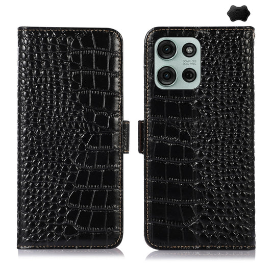For Motorola Moto G75 5G Crocodile Top Layer Cowhide Leather Phone Case(Black) - Motorola Cases by buy2fix | Online Shopping UK | buy2fix