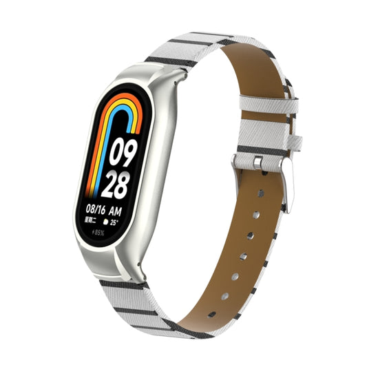 For Xiaomi Mi Band 8 Integrated Metal Case + Secondary Color Leather Watch Band(White) by buy2fix