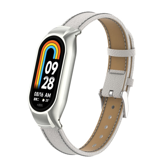 For Xiaomi Mi Band 8 Integrated Metal Case + Litchi Texture Leather Watch Band(White) by buy2fix