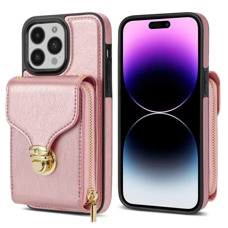 For iPhone 14 Pro Max Zipper Hardware Card Wallet Phone Case(Rose Gold) - iPhone 14 Pro Max Cases by buy2fix | Online Shopping UK | buy2fix