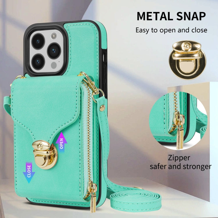 For iPhone 14 Pro Max Zipper Hardware Card Wallet Phone Case(Mint Green) - iPhone 14 Pro Max Cases by buy2fix | Online Shopping UK | buy2fix