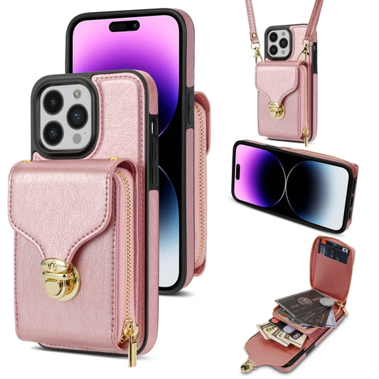For iPhone 14 Pro Zipper Hardware Card Wallet Phone Case(Rose Gold) - iPhone 14 Pro Cases by buy2fix | Online Shopping UK | buy2fix