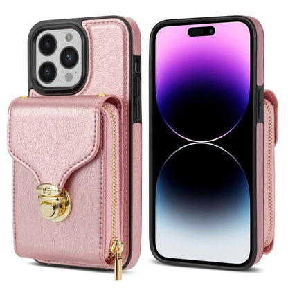 For iPhone 14 Pro Zipper Hardware Card Wallet Phone Case(Rose Gold) - iPhone 14 Pro Cases by buy2fix | Online Shopping UK | buy2fix
