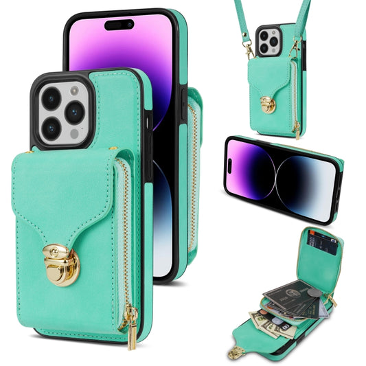 For iPhone 14 Pro Zipper Hardware Card Wallet Phone Case(Mint Green) - iPhone 14 Pro Cases by buy2fix | Online Shopping UK | buy2fix