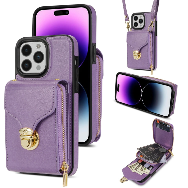 For iPhone 14 Pro Zipper Hardware Card Wallet Phone Case(Purple) - iPhone 14 Pro Cases by buy2fix | Online Shopping UK | buy2fix