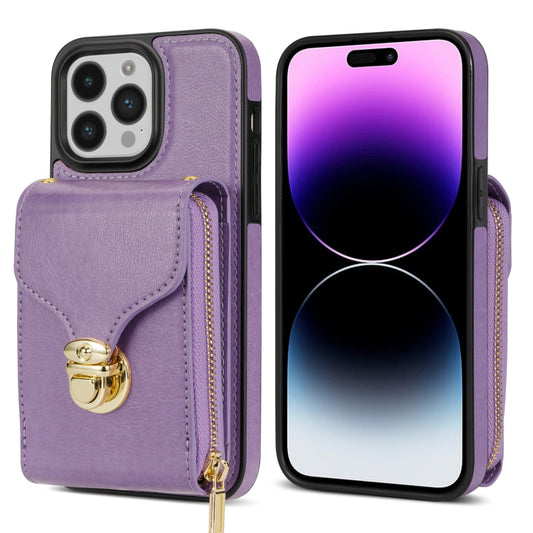For iPhone 14 Pro Zipper Hardware Card Wallet Phone Case(Purple) - iPhone 14 Pro Cases by buy2fix | Online Shopping UK | buy2fix
