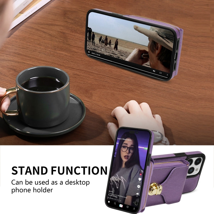 For iPhone 14 Pro Zipper Hardware Card Wallet Phone Case(Purple) - iPhone 14 Pro Cases by buy2fix | Online Shopping UK | buy2fix