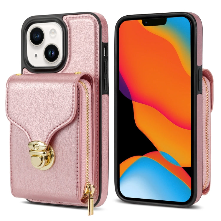 For iPhone 14 Plus Zipper Hardware Card Wallet Phone Case(Rose Gold) - iPhone 14 Plus Cases by buy2fix | Online Shopping UK | buy2fix