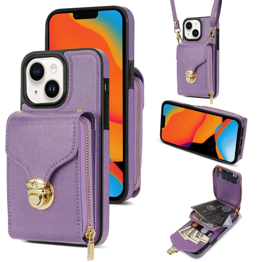 For iPhone 14 Plus Zipper Hardware Card Wallet Phone Case(Purple) - iPhone 14 Plus Cases by buy2fix | Online Shopping UK | buy2fix