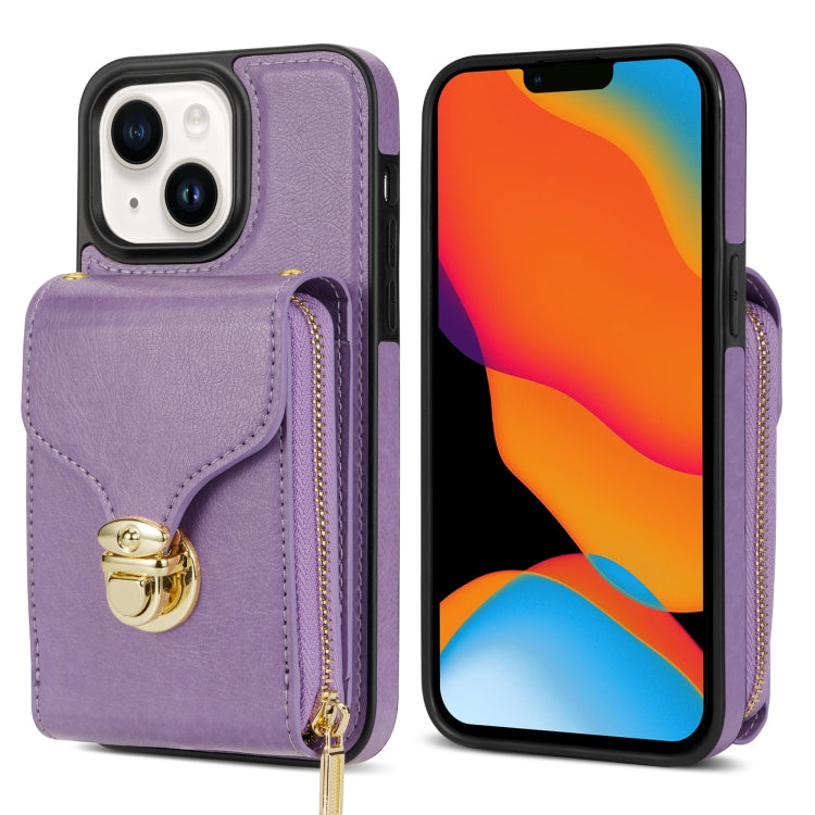 For iPhone 14 Plus Zipper Hardware Card Wallet Phone Case(Purple) - iPhone 14 Plus Cases by buy2fix | Online Shopping UK | buy2fix