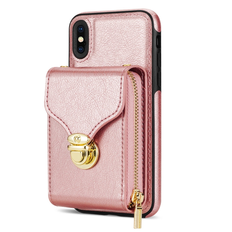 For iPhone XS / X Zipper Hardware Card Wallet Phone Case(Rose Gold) - More iPhone Cases by buy2fix | Online Shopping UK | buy2fix
