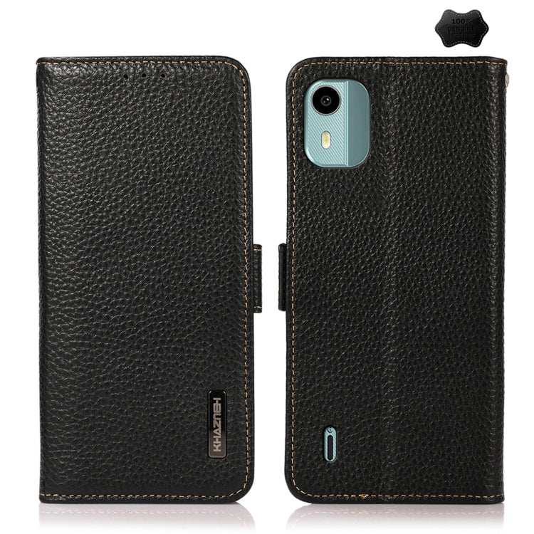 For Nokia C12 4G KHAZNEH Side-Magnetic Litchi Genuine Leather RFID Phone Case(Black) - Nokia Cases by buy2fix | Online Shopping UK | buy2fix