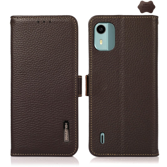 For Nokia C12 4G KHAZNEH Side-Magnetic Litchi Genuine Leather RFID Phone Case(Brown) - Nokia Cases by buy2fix | Online Shopping UK | buy2fix