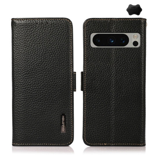 For Google Pixel 8 Pro KHAZNEH Side-Magnetic Litchi Genuine Leather RFID Phone Case(Black) - Google Cases by buy2fix | Online Shopping UK | buy2fix
