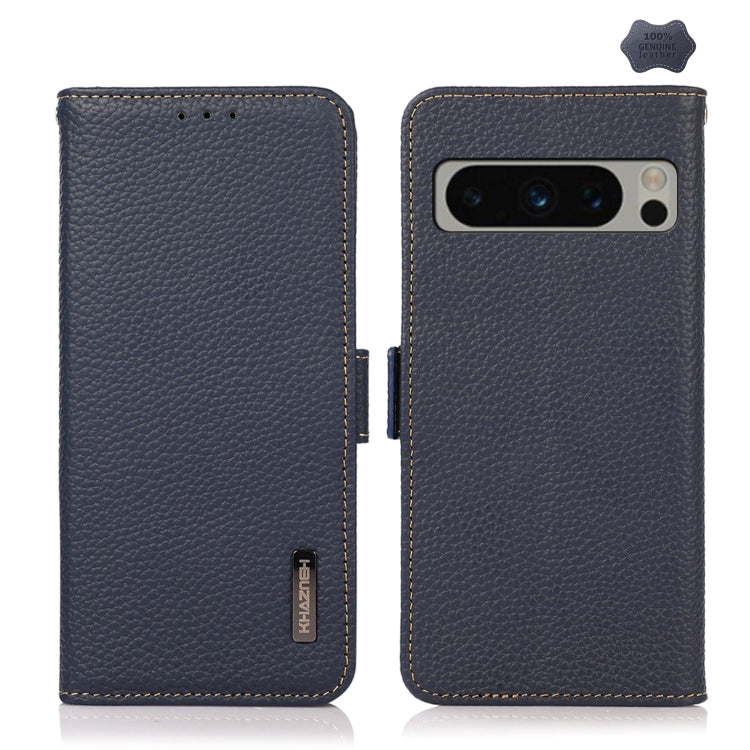For Google Pixel 8 Pro KHAZNEH Side-Magnetic Litchi Genuine Leather RFID Phone Case(Blue) - Google Cases by buy2fix | Online Shopping UK | buy2fix