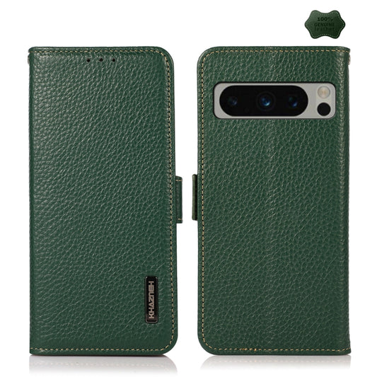 For Google Pixel 8 Pro KHAZNEH Side-Magnetic Litchi Genuine Leather RFID Phone Case(Green) - Google Cases by buy2fix | Online Shopping UK | buy2fix