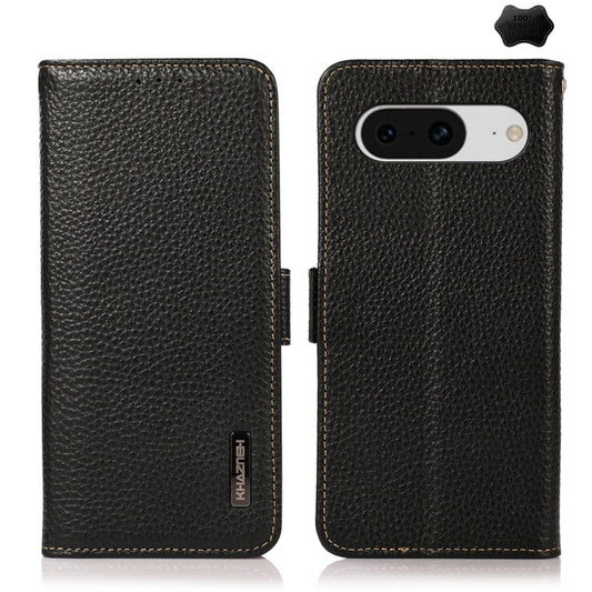 For Google Pixel 8 KHAZNEH Side-Magnetic Litchi Genuine Leather RFID Phone Case(Black) - Google Cases by buy2fix | Online Shopping UK | buy2fix