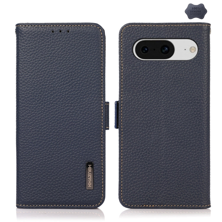 For Google Pixel 8 KHAZNEH Side-Magnetic Litchi Genuine Leather RFID Phone Case(Blue) - Google Cases by buy2fix | Online Shopping UK | buy2fix