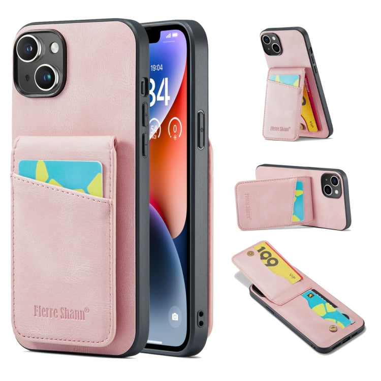For iPhone 14 Plus Fierre Shann Crazy Horse Card Holder Back Cover PU Phone Case(Pink) - iPhone 14 Plus Cases by FIERRE SHANN | Online Shopping UK | buy2fix