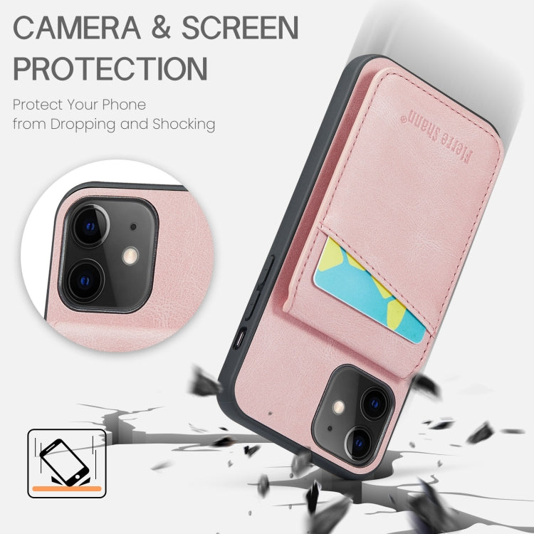For iPhone 12 / 12 Pro Fierre Shann Crazy Horse Card Holder Back Cover PU Phone Case(Pink) - iPhone 12 / 12 Pro Cases by FIERRE SHANN | Online Shopping UK | buy2fix