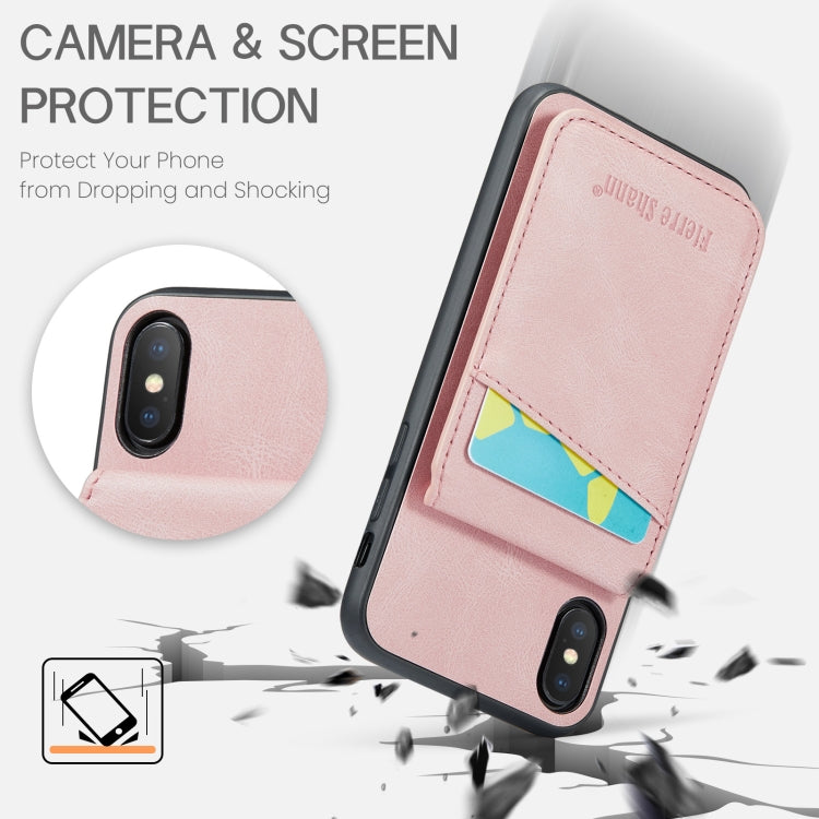 For iPhone X / XS Fierre Shann Crazy Horse Card Holder Back Cover PU Phone Case(Pink) - More iPhone Cases by FIERRE SHANN | Online Shopping UK | buy2fix