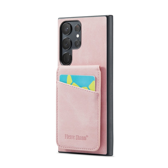 For Samsung Galaxy S23 Ultra 5G Fierre Shann Crazy Horse Card Holder Back Cover PU Phone Case(Pink)