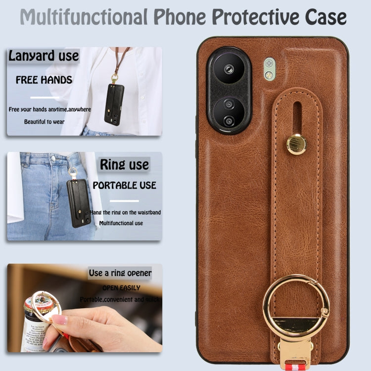 For Xiaomi Redmi 13C 4G/Poco C65 Wristband Leather Back Phone Case(Brown) - 13C Cases by buy2fix | Online Shopping UK | buy2fix