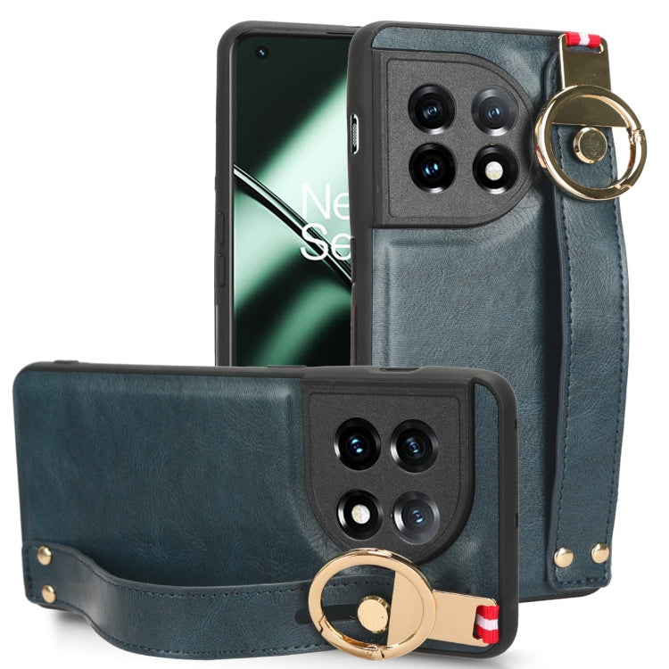 For OnePlus 11 Wristband Leather Back Phone Case(Blue) by buy2fix