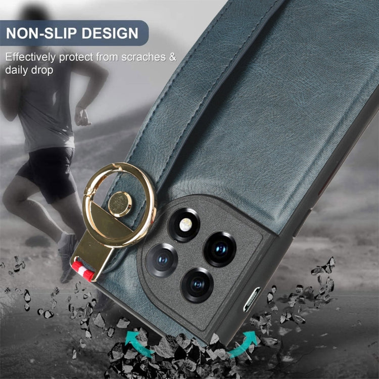 For OnePlus 11 Wristband Leather Back Phone Case(Blue) by buy2fix