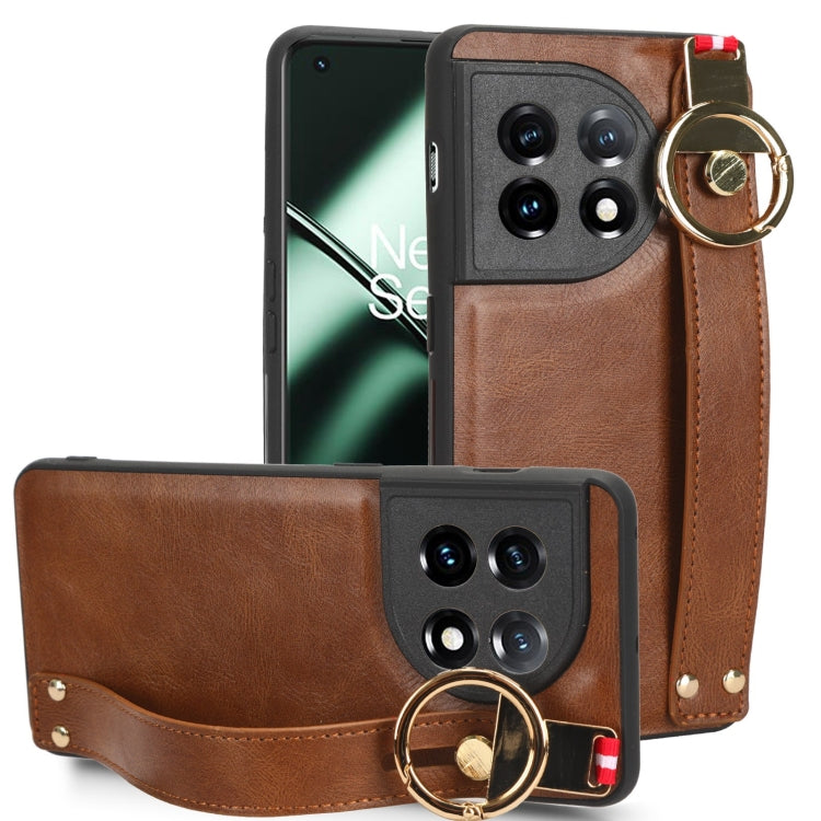 For OnePlus 11 Wristband Leather Back Phone Case(Brown) by buy2fix