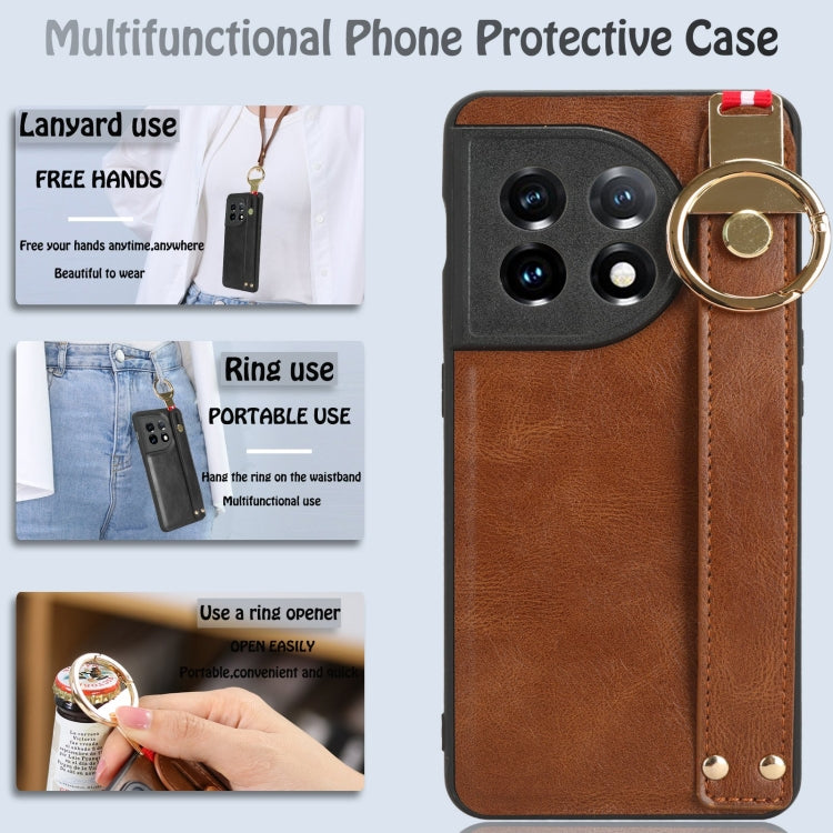 For OnePlus 11 Wristband Leather Back Phone Case(Brown) by buy2fix