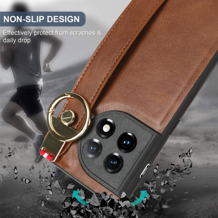 For OnePlus 11 Wristband Leather Back Phone Case(Brown) by buy2fix